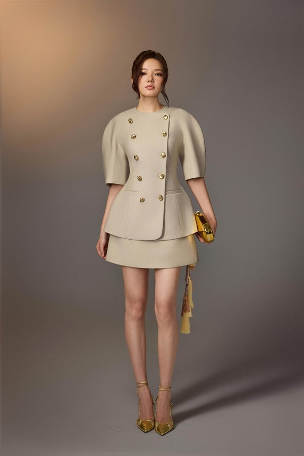KEIRA TONG Puff-sleeve Button Blazer & Minimal Mini Skirt