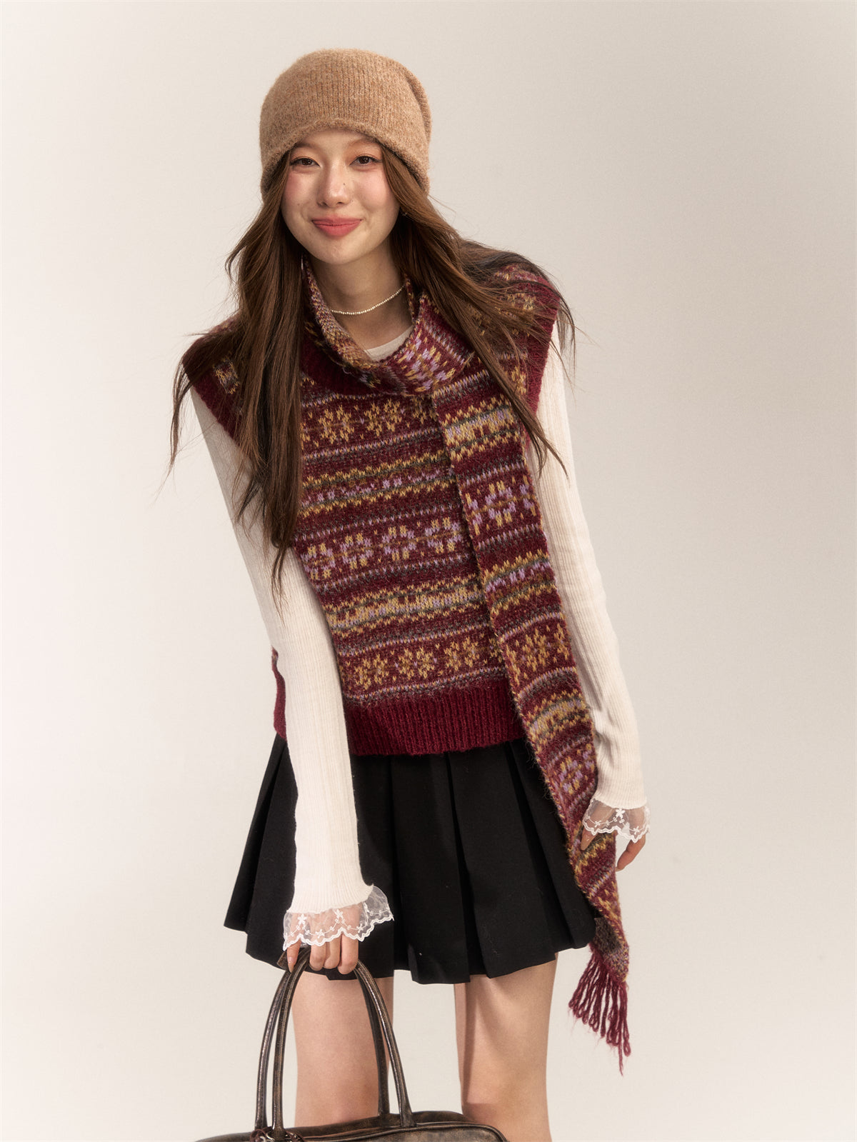 AsGony ASG24618 Fair Isle wool-blend vest and scarf set