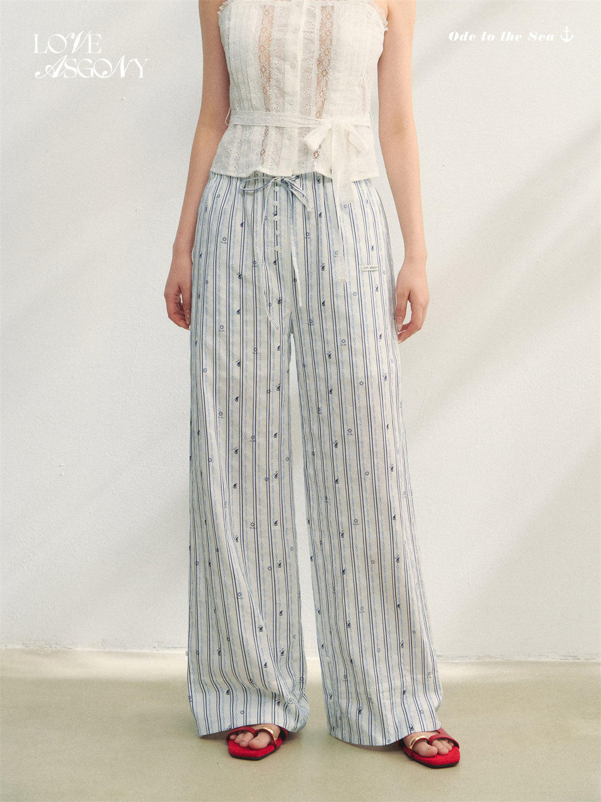 AsGony ASG25201 Striped printed patchwork embroidered lace pants