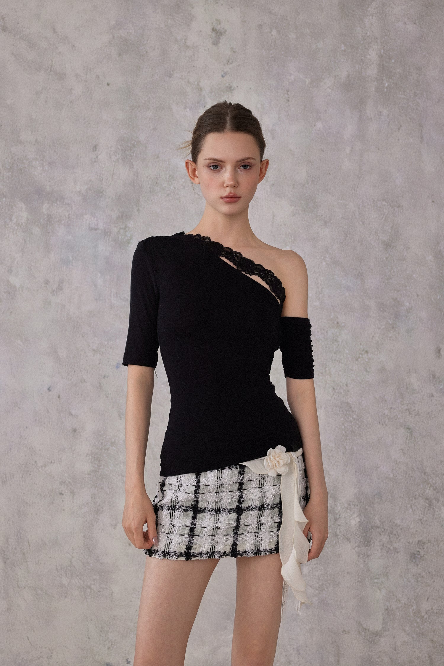 NOMEANSNO N179 Black lace single shoulder top