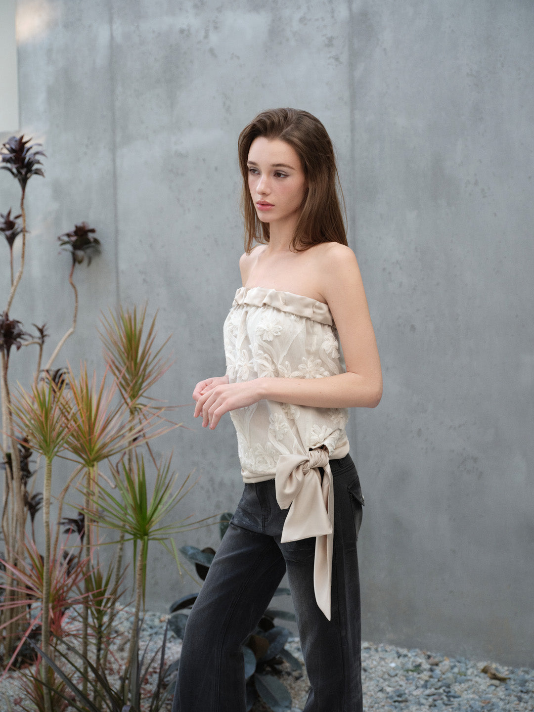 NONCESTNON N293 Satin patchwork lace strapless top