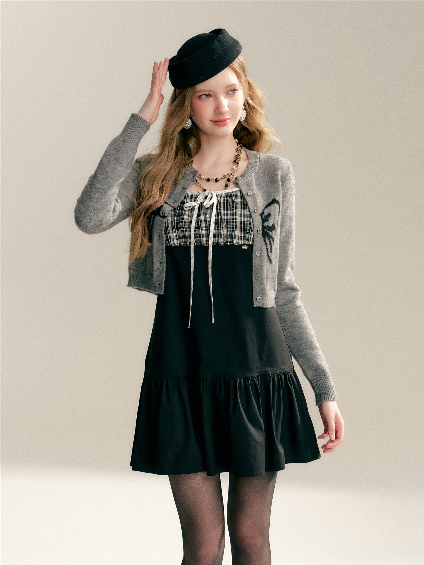 16DEWS 16D246064 Plaid patchwork camisole dress