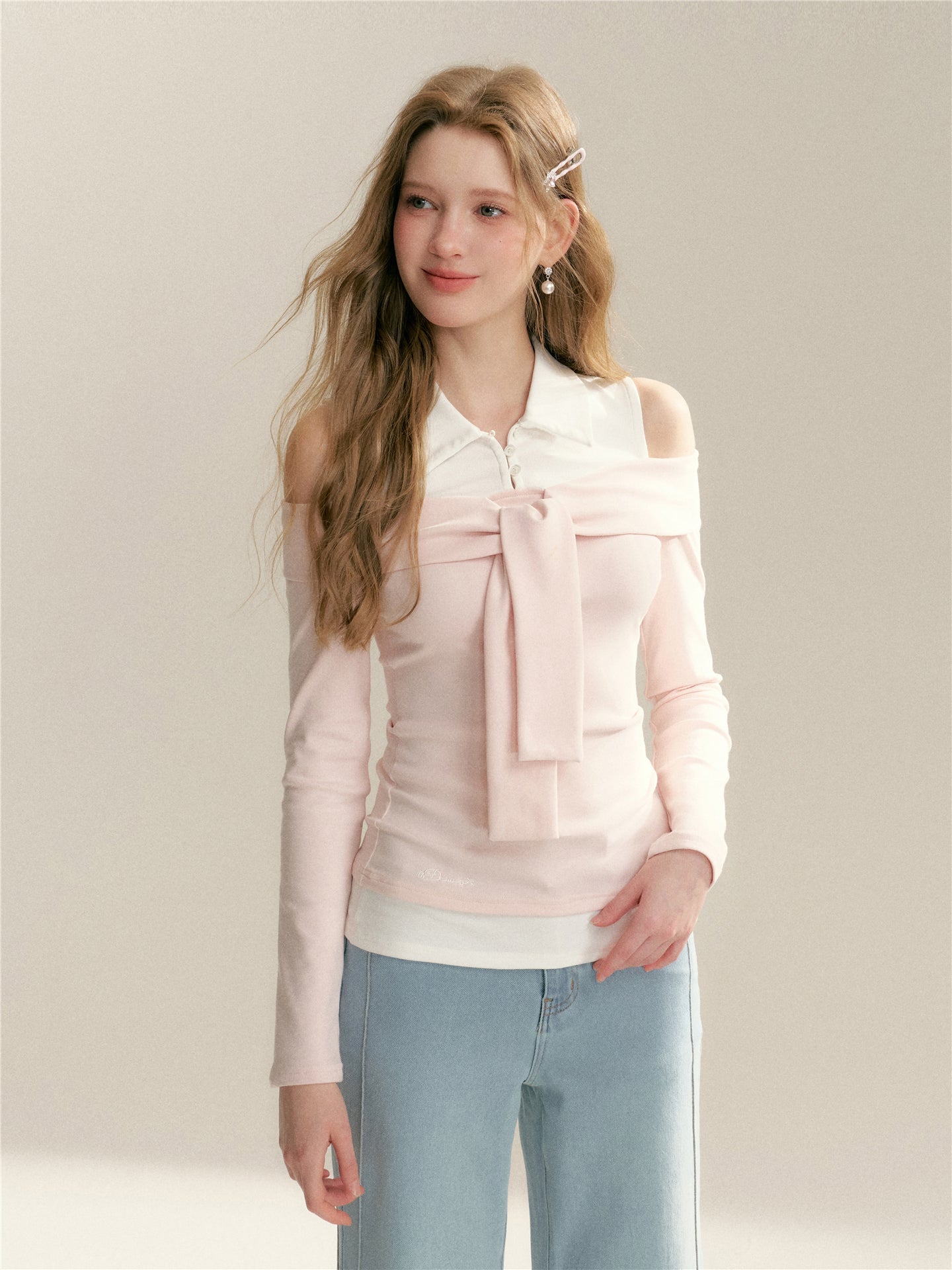 16DEWS 16D26022 Fake two piece off shoulder strap splicing slim fit top