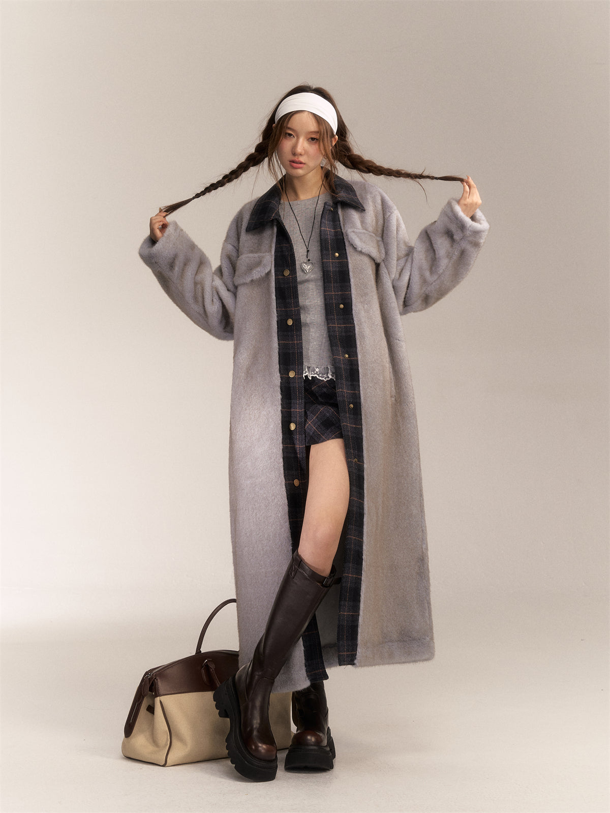 AsGony ASG24646 Plaid patchwork wool long coat