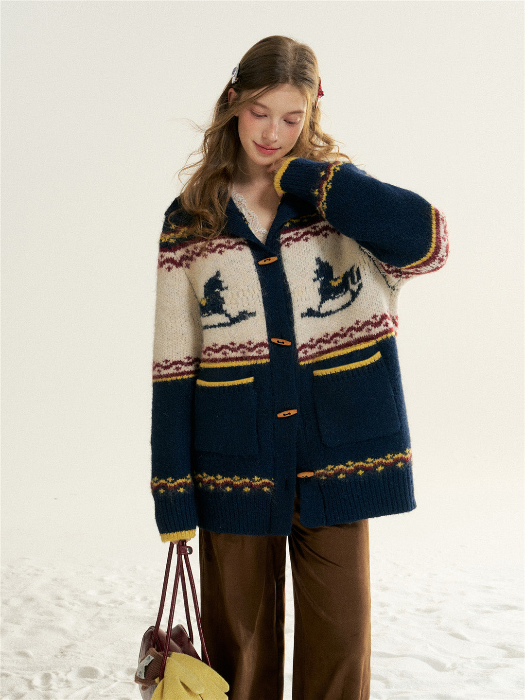 16DEWS 16D25548 Color blocked edge knitted sweater cardigan