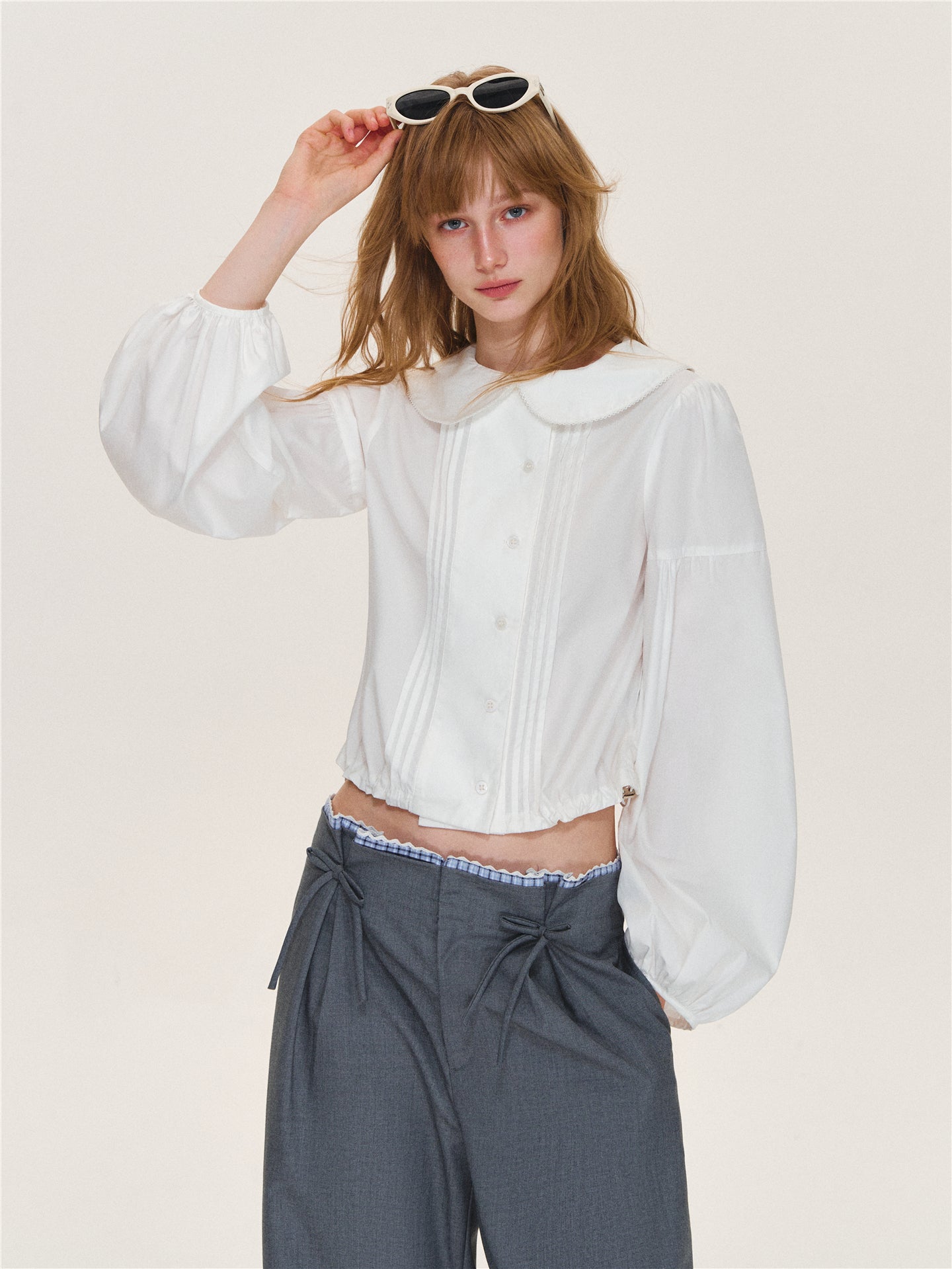 Asgony ASG26565 Tuck-Pleat Lace Trim Collar Blouse