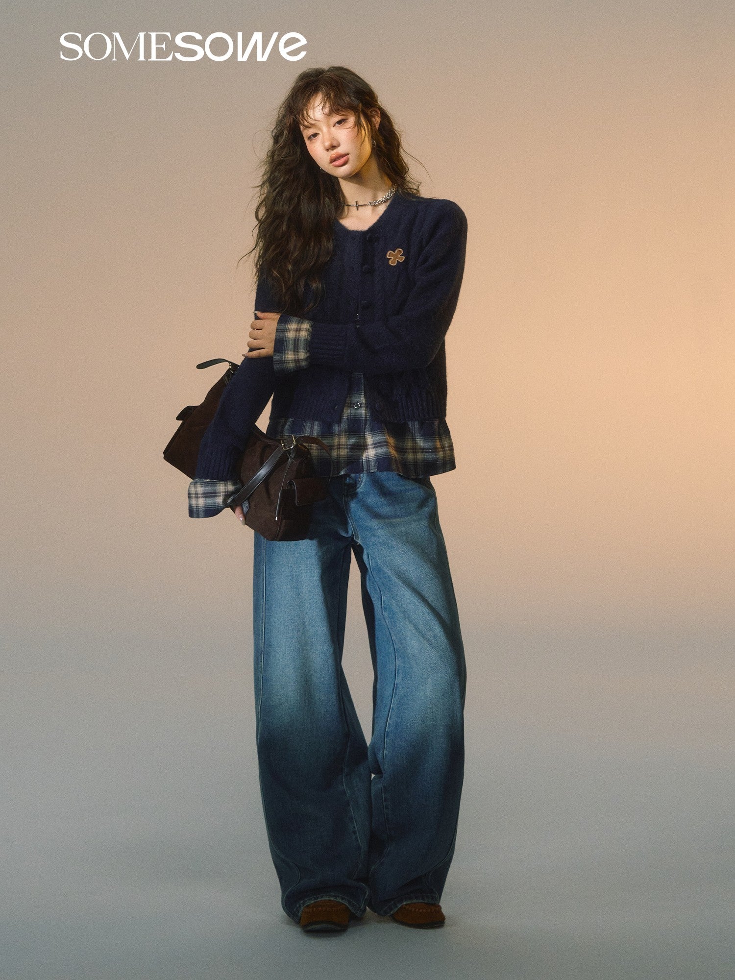 SOMESOWE S2508275 Fake two piece checkered spliced floral cardigan