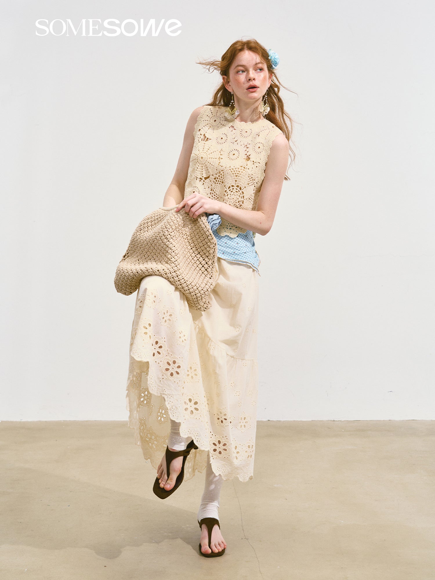 SOMESOWE S2508107&S2508118 Embroidered hollow flower vest + skirt set