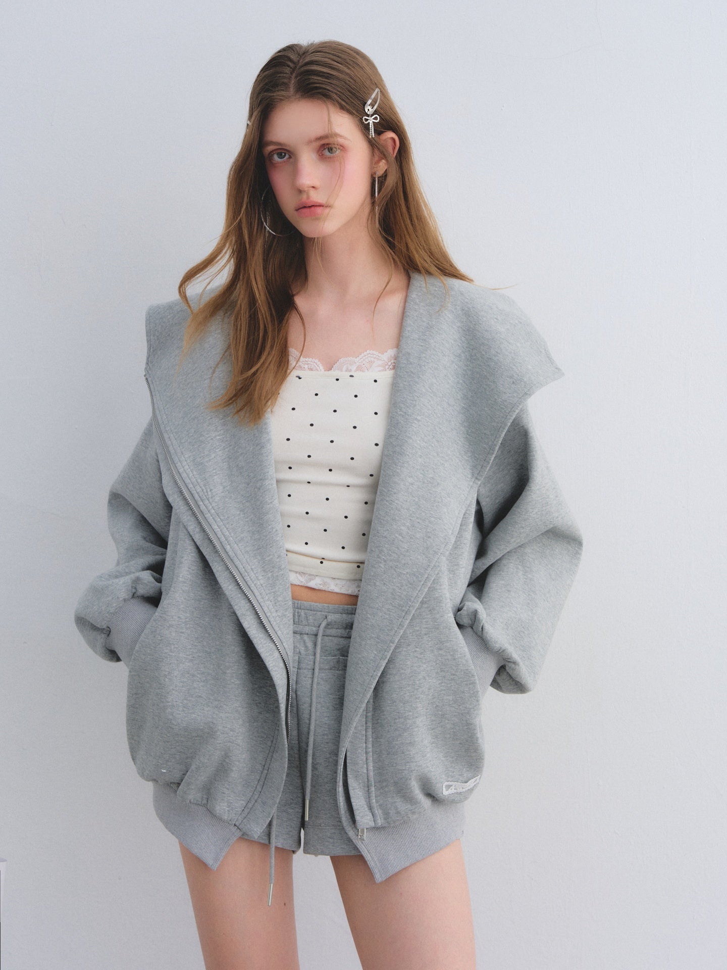 AsGony ASG25665&ASG25667 Big collar hooded zipper sweatshirt jacket + sweatpants set