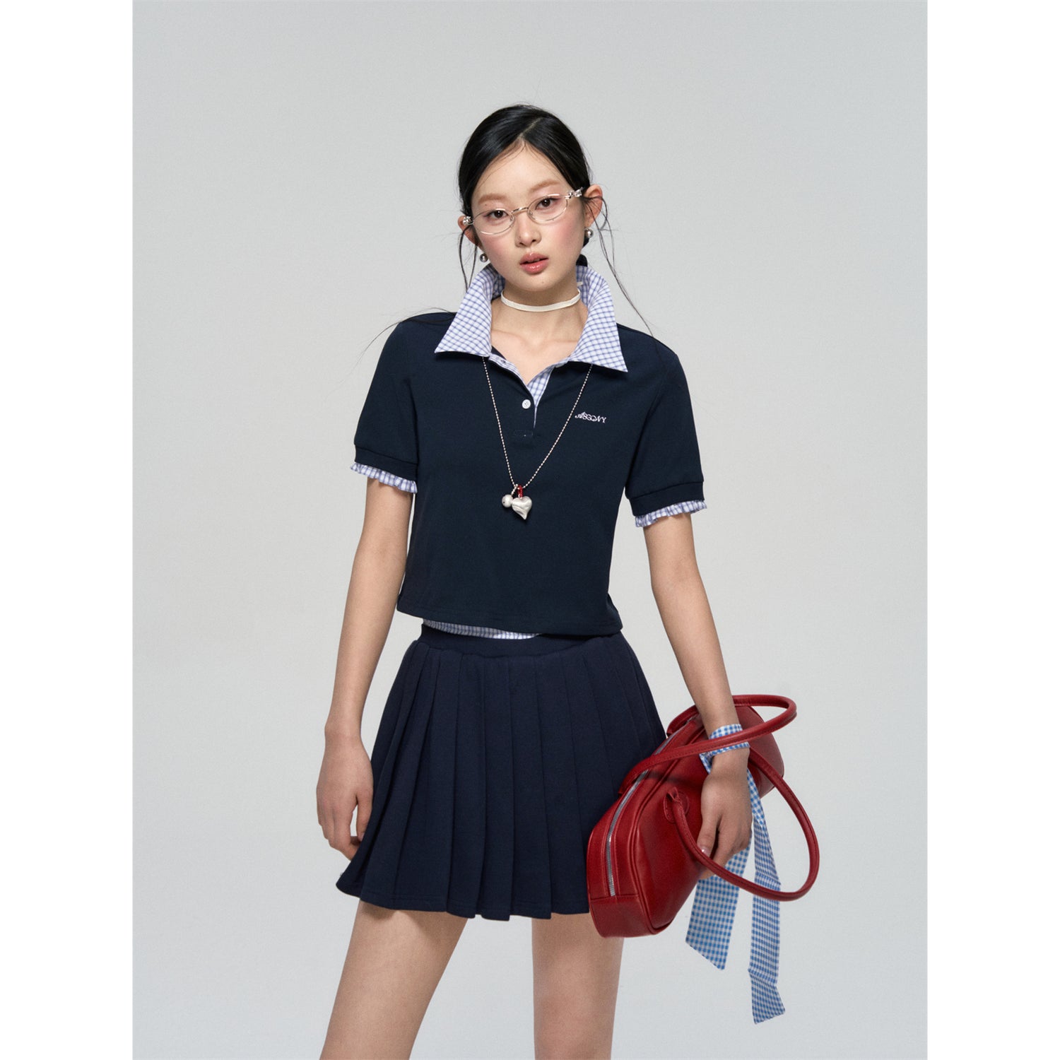 AsGony ASG25090 Embroidered plaid patchwork polo shirt