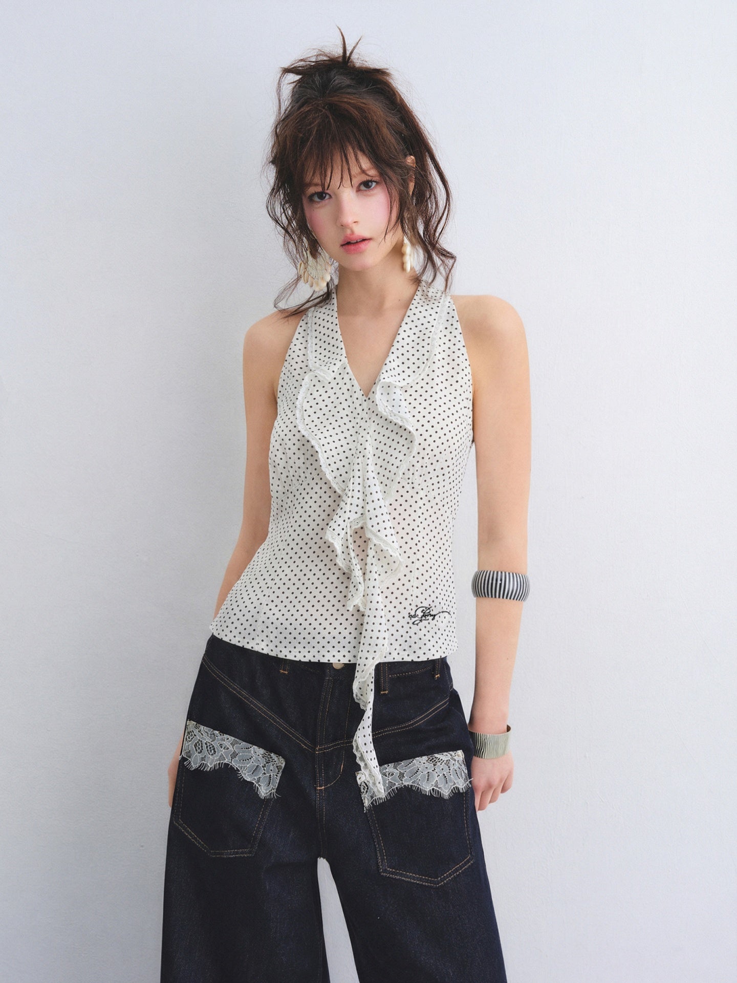 AsGony ASG26018 Lotus leaf lace polka dot sleeveless vest