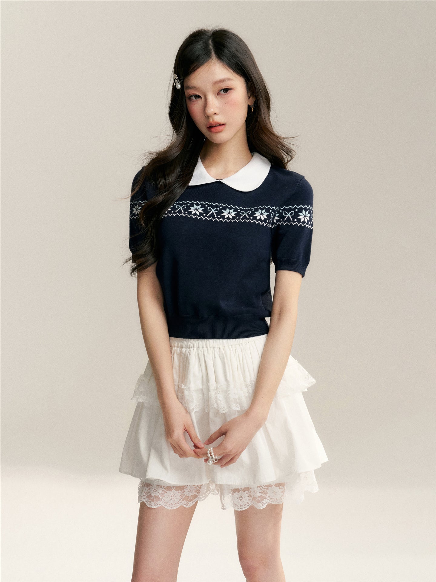 16DEWS 16D246070 Color blocked doll neck Fer Island short sleeved knit sweater