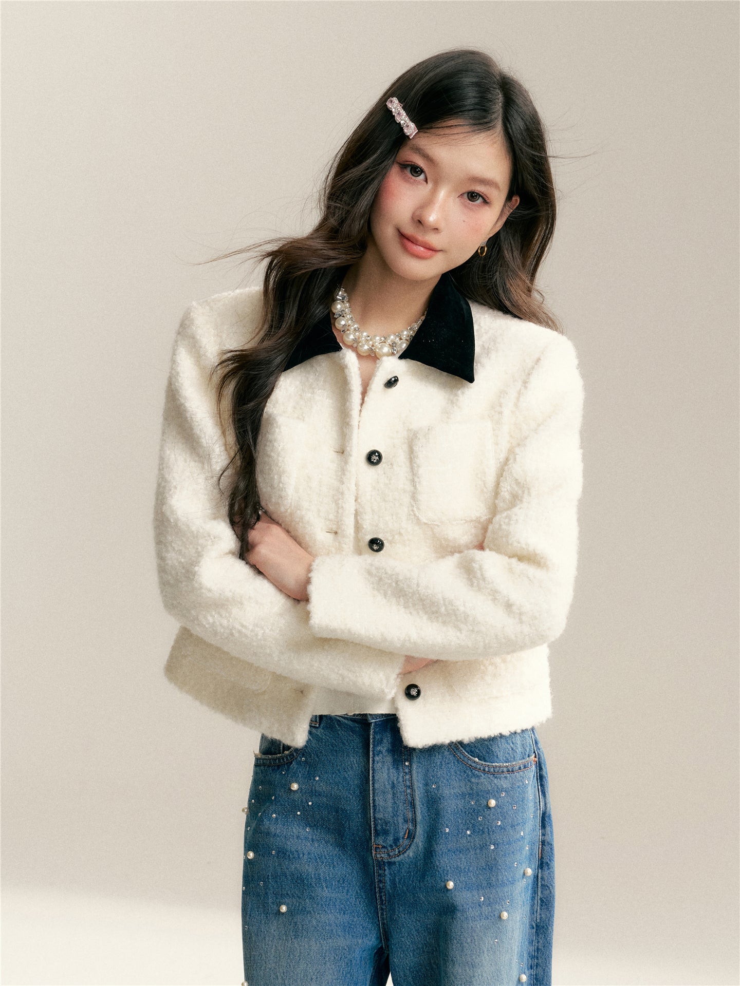 16DEWS 16D26004 Color blocking lapel texture short jacket