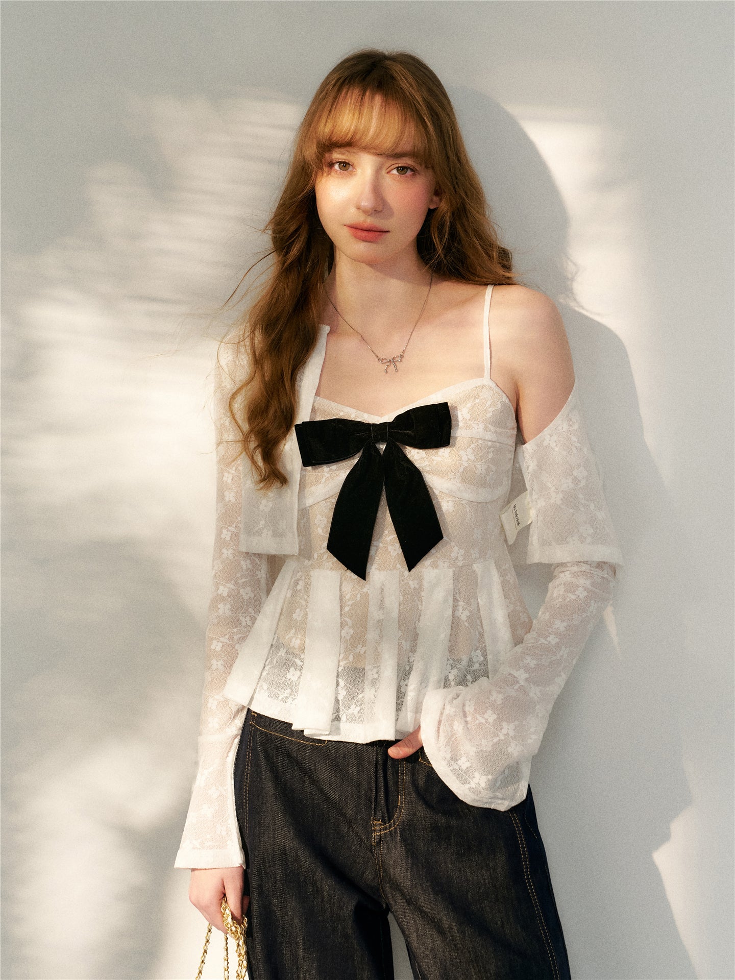 16DEWS 16D26105&16D26106 Lace jacquard flared sleeve cardigan + camisole