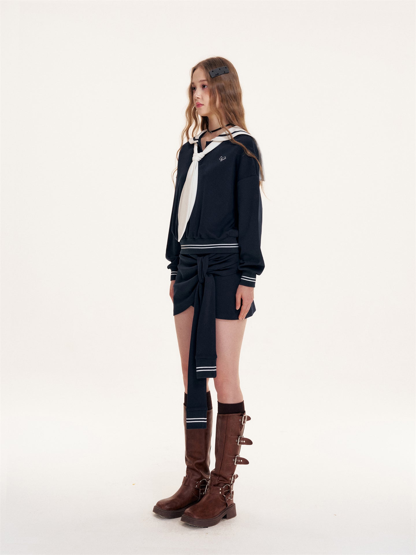 16DEWS 16D25415&16D25416 British Navy collar contrasting hoodie + skirt set