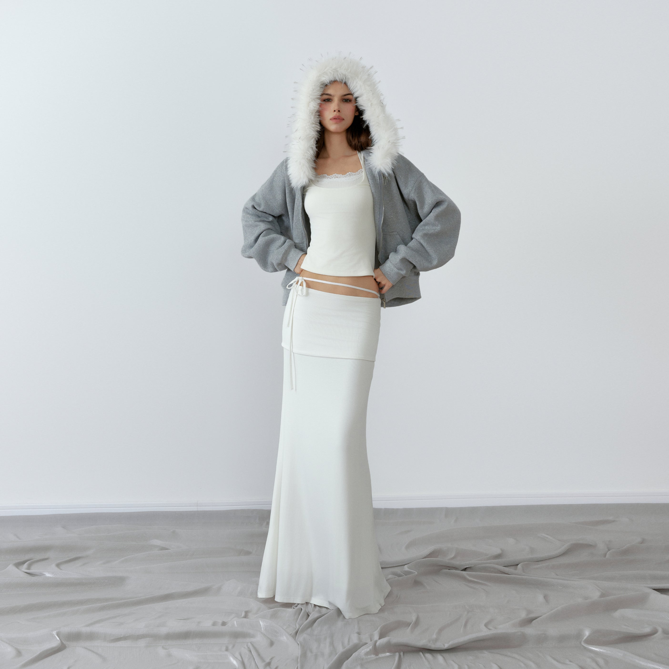 NONCESTNON N227 White fur collar gray hoodie