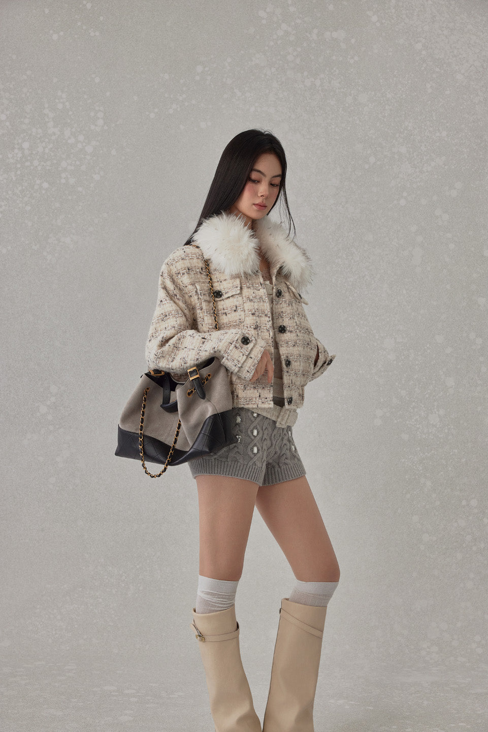 NONCESTNON N239 Chiffon Fur Trimmed Coat