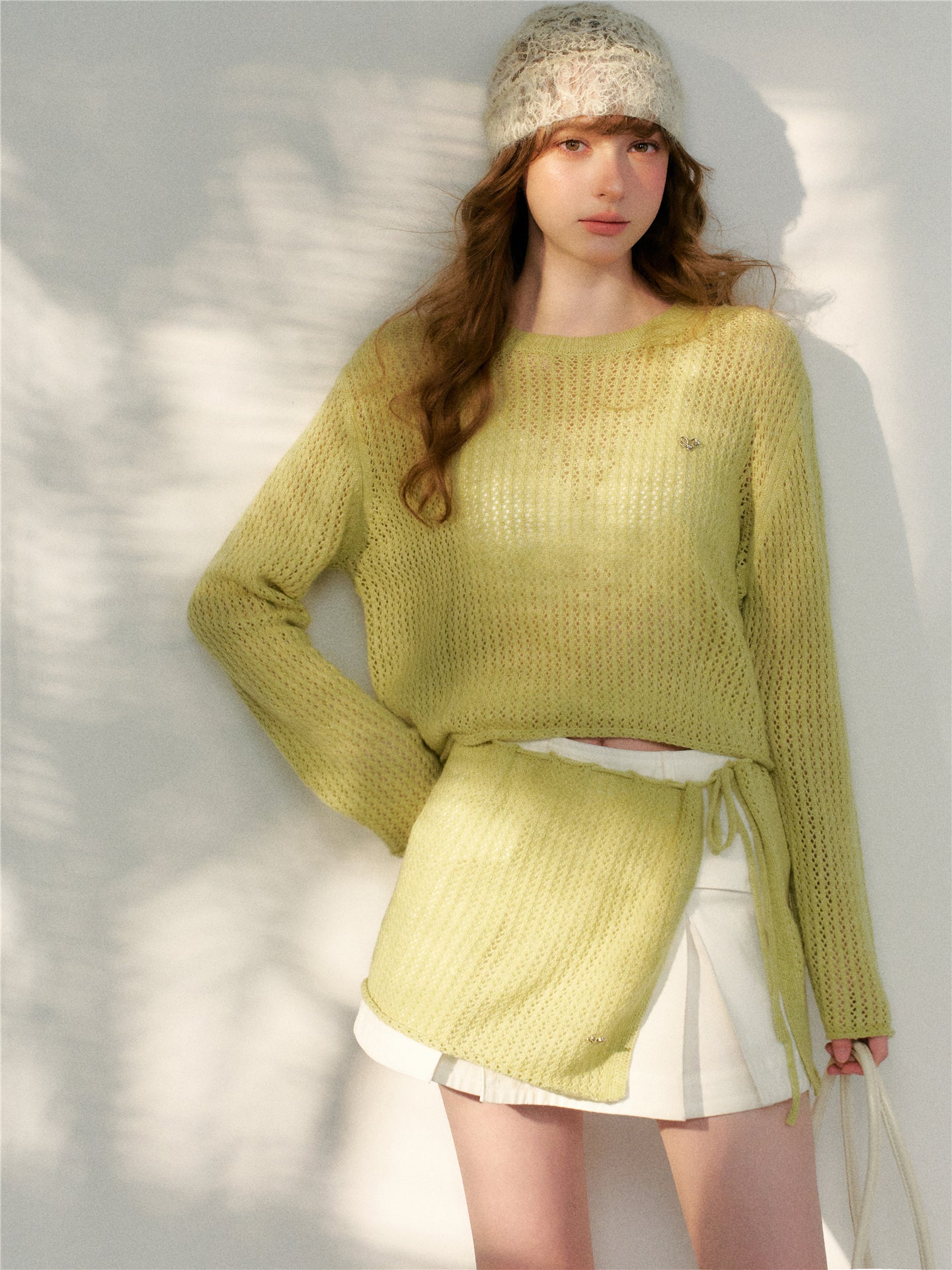 16DEWS 16D26078 Lace-up circular-neck knitted top (with shawl)