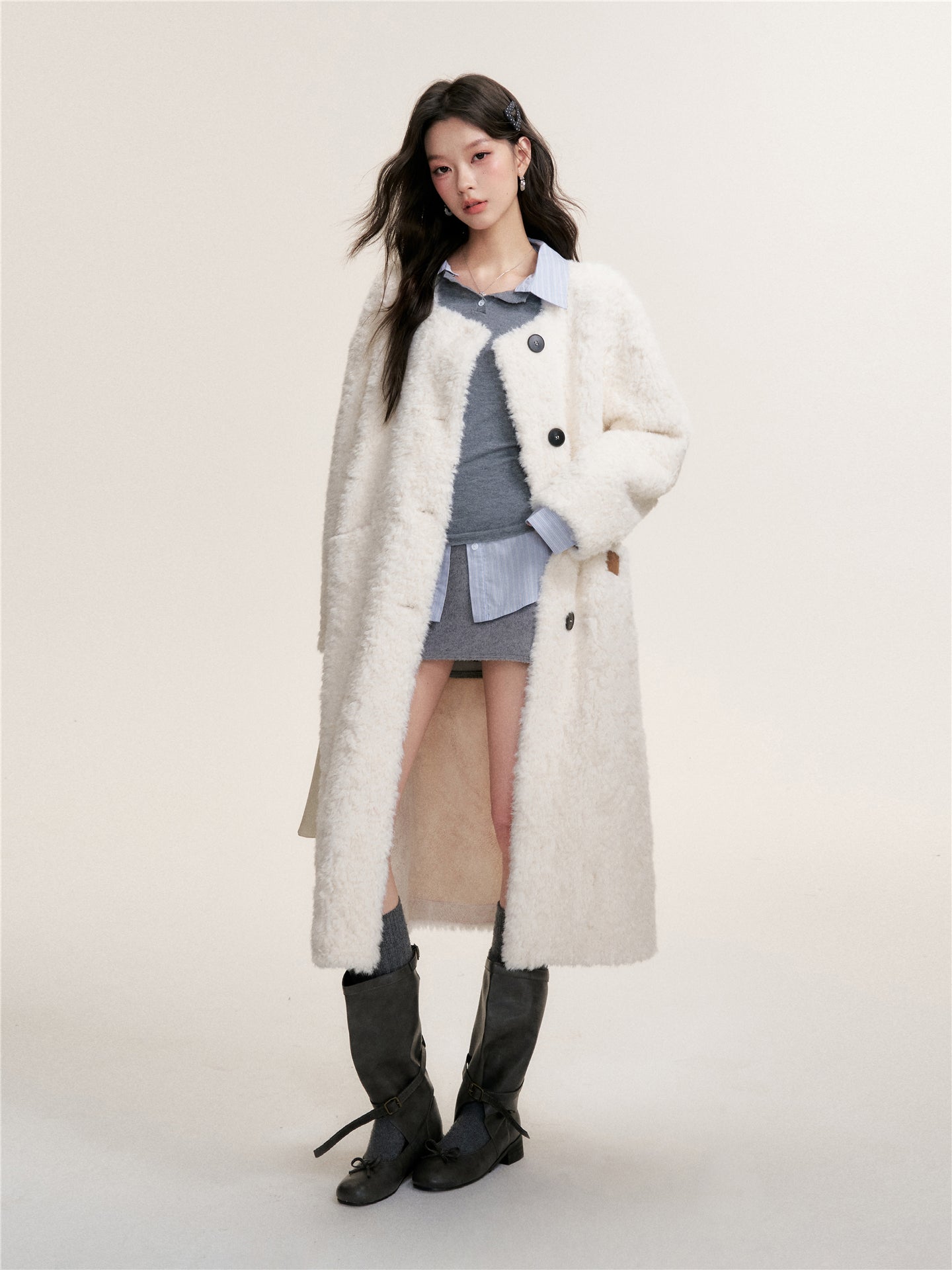 16DEWS 16D25467 Imitation fur integrated lamb wool long jacket (with scarf)