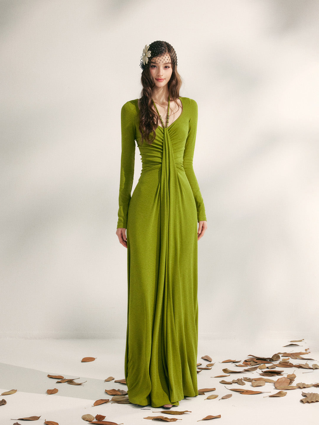 YZZI HE French style pleated waist cinching dress