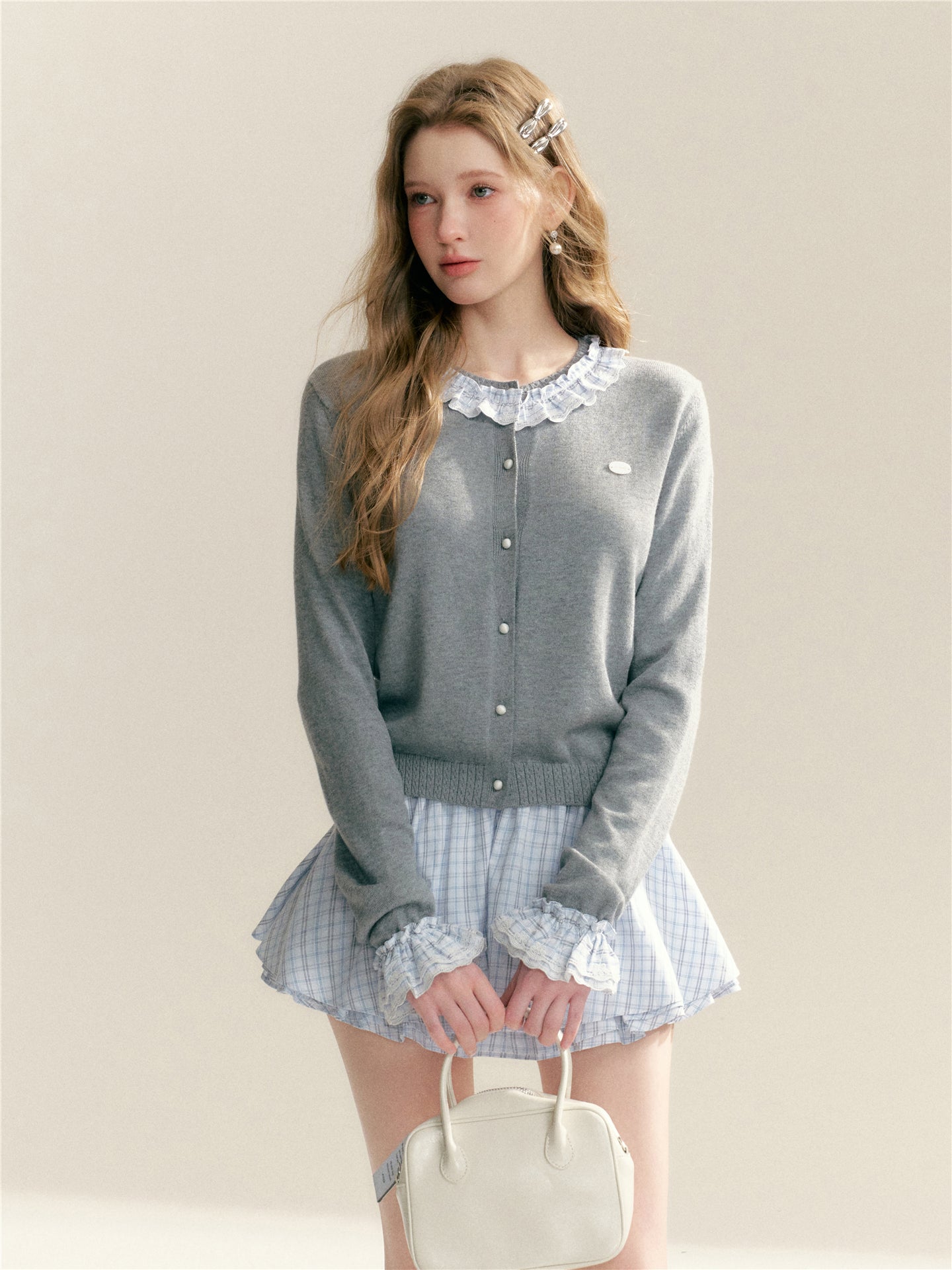 16DEWS 16D26051 Color blocking plaid round neck knitted cardigan