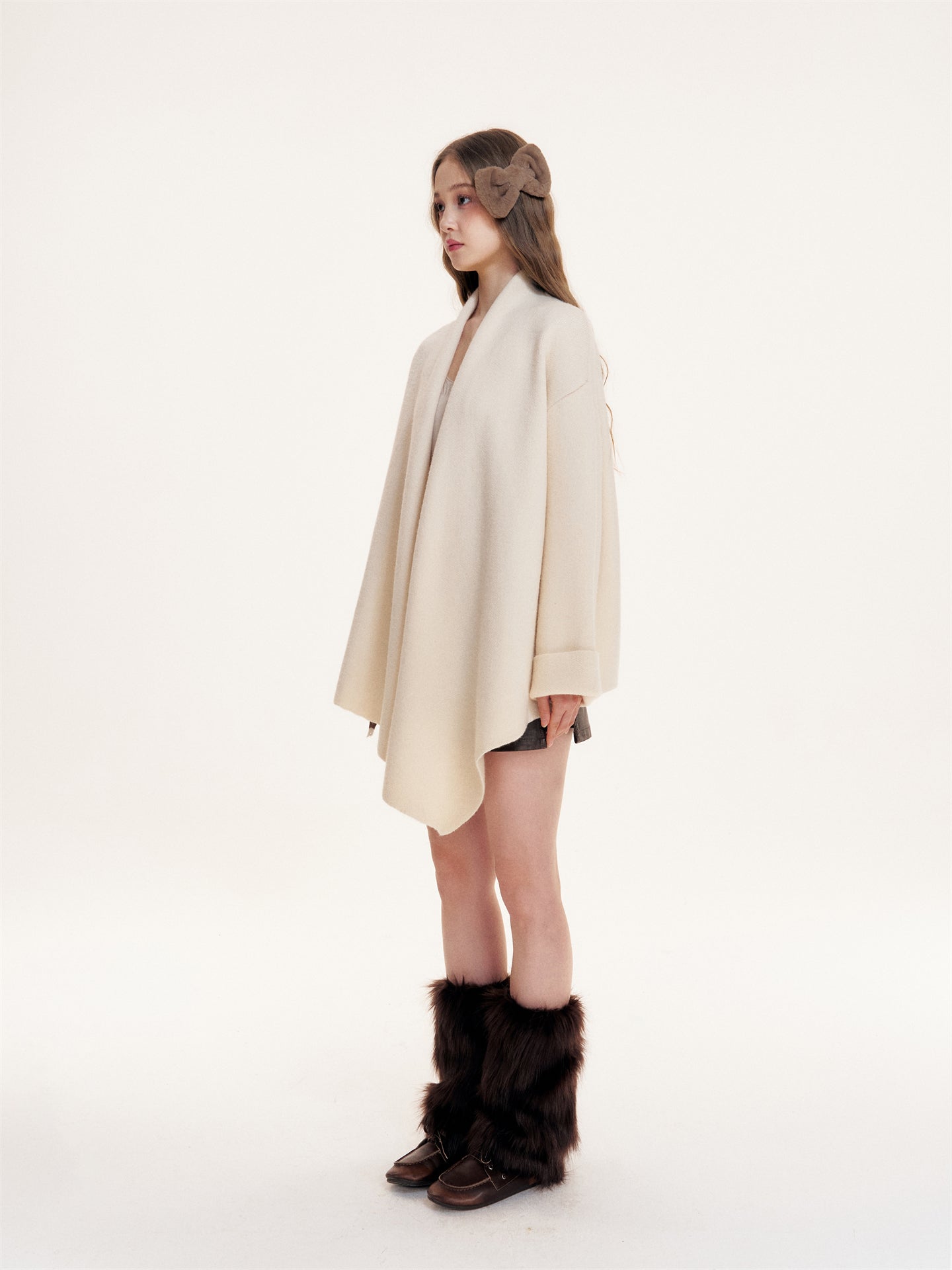 16DEWS 16D25411 Irregular hem lapel woolen cloak coat