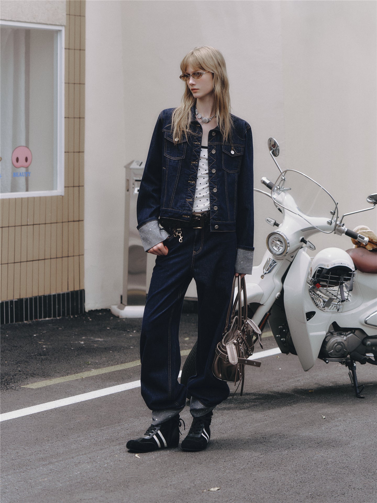 Asgony ASG26506 Raw Denim Jacket+ASG26507 Denim Straight Pants
