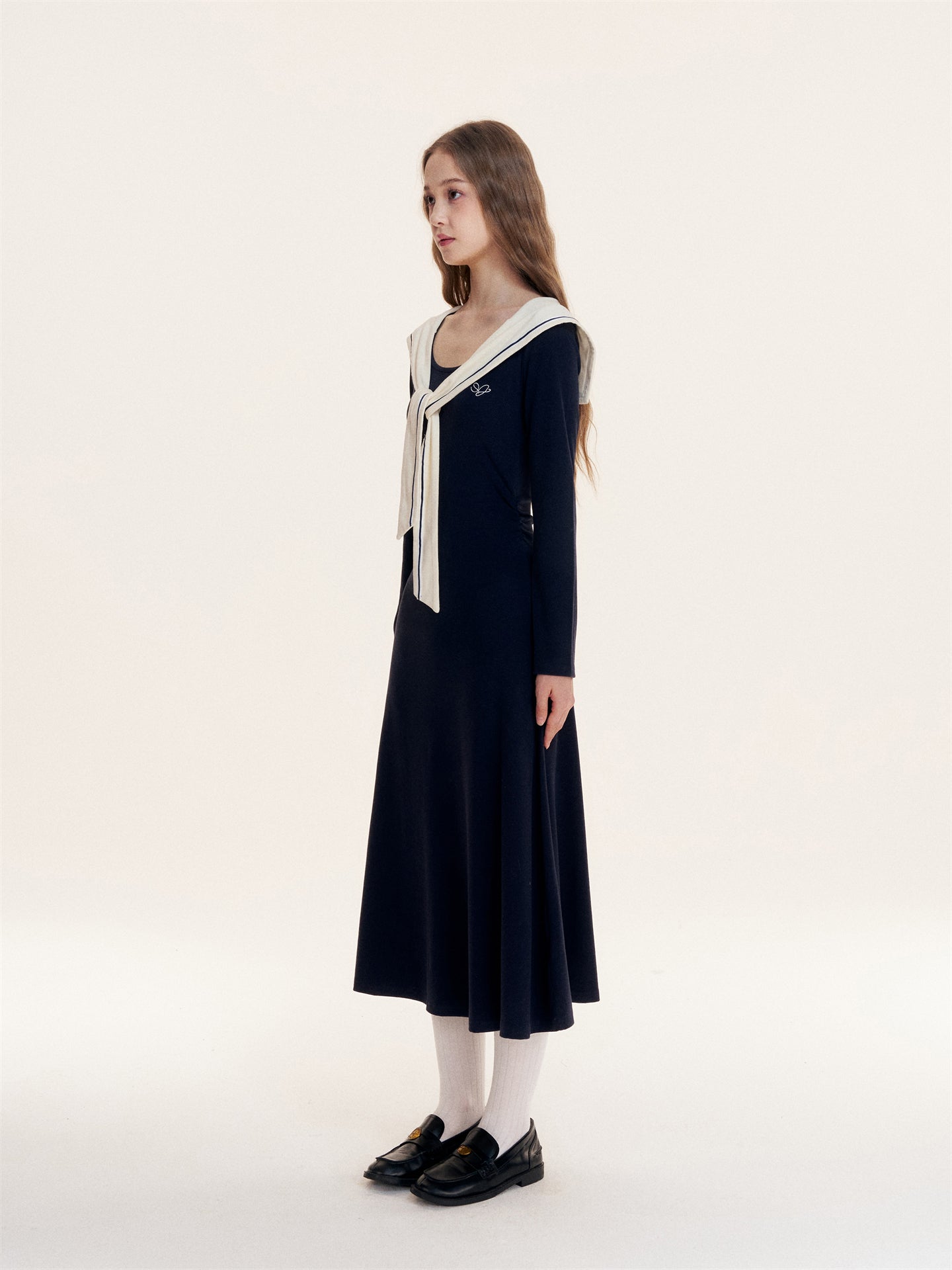 16DEWS 16D25422 Navy collared waist cinched dress