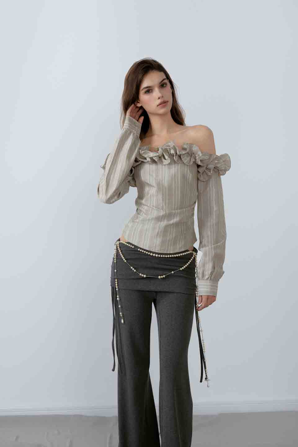 NONCESTNON N221 Striped pleated long sleeved top