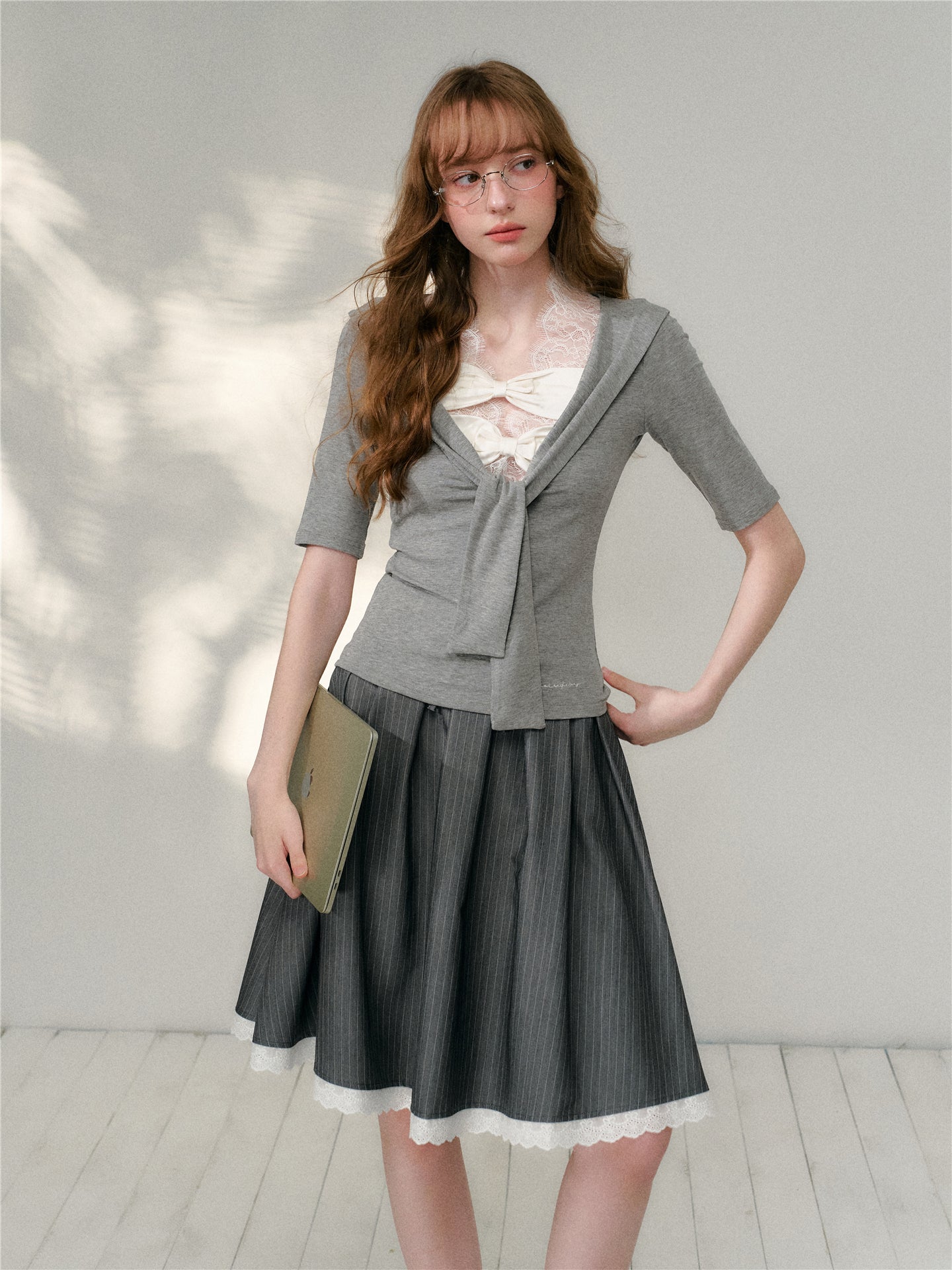 16DEWS 16D26131 Lace patchwork striped A-line large swing skirt