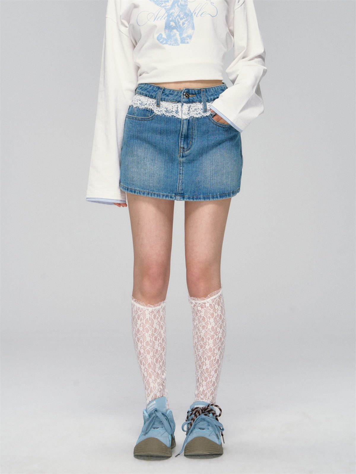 AsGony ASG25027 Lace patchwork denim pantskirt