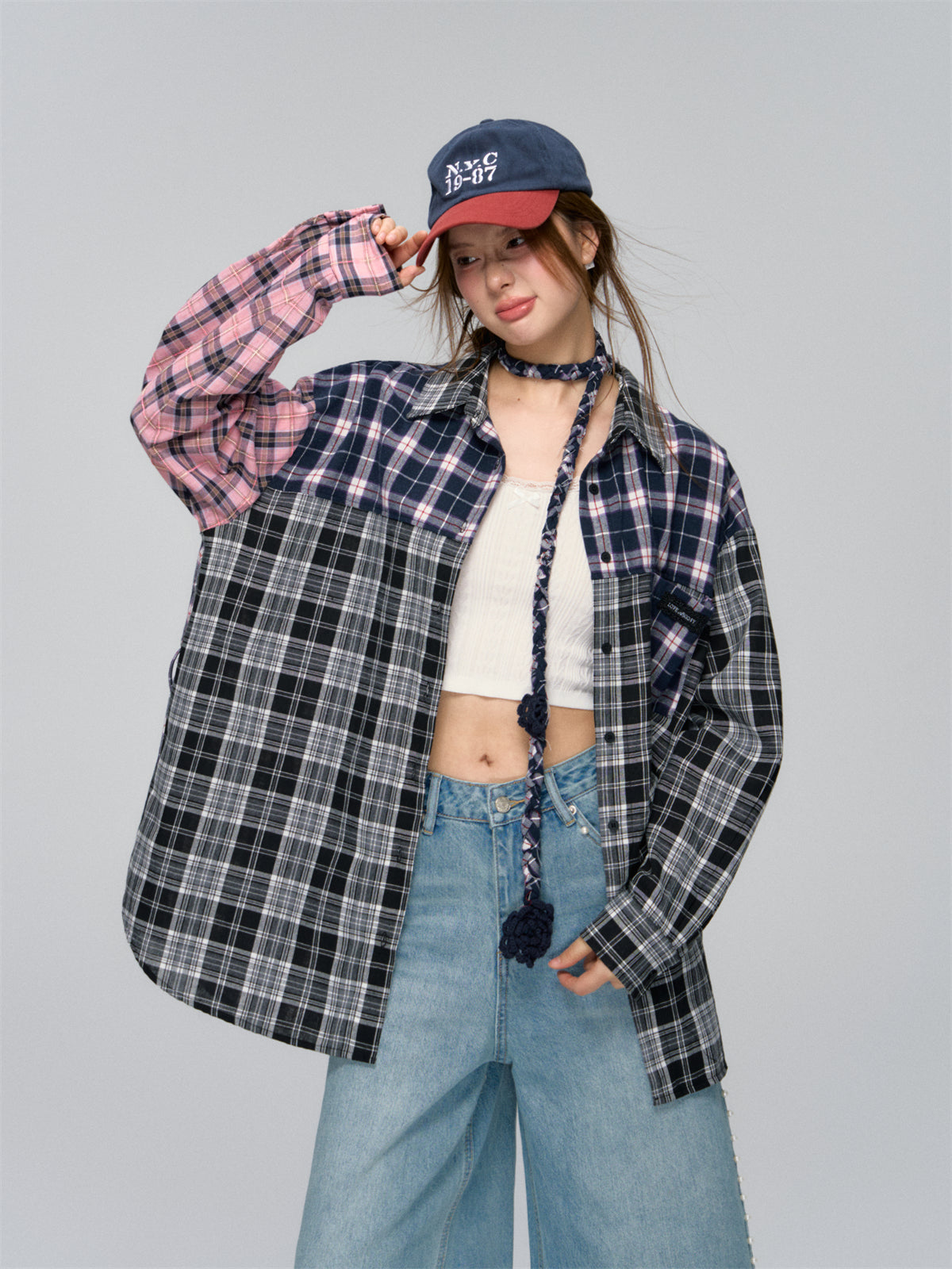 AsGony ASG25034 Checkered multi-color patchwork loose shirt
