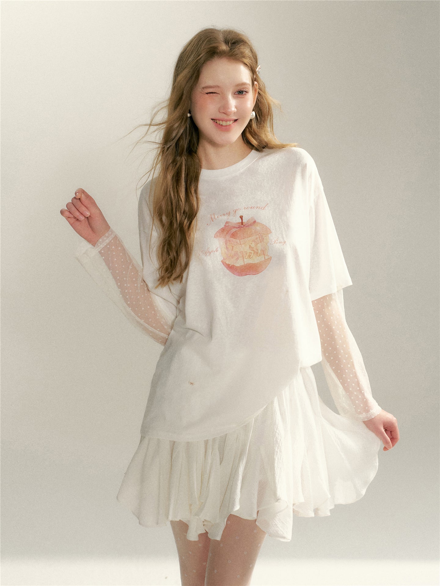 16DEWS 16D26042 Lace patchwork fake two piece long sleeved T-shirt