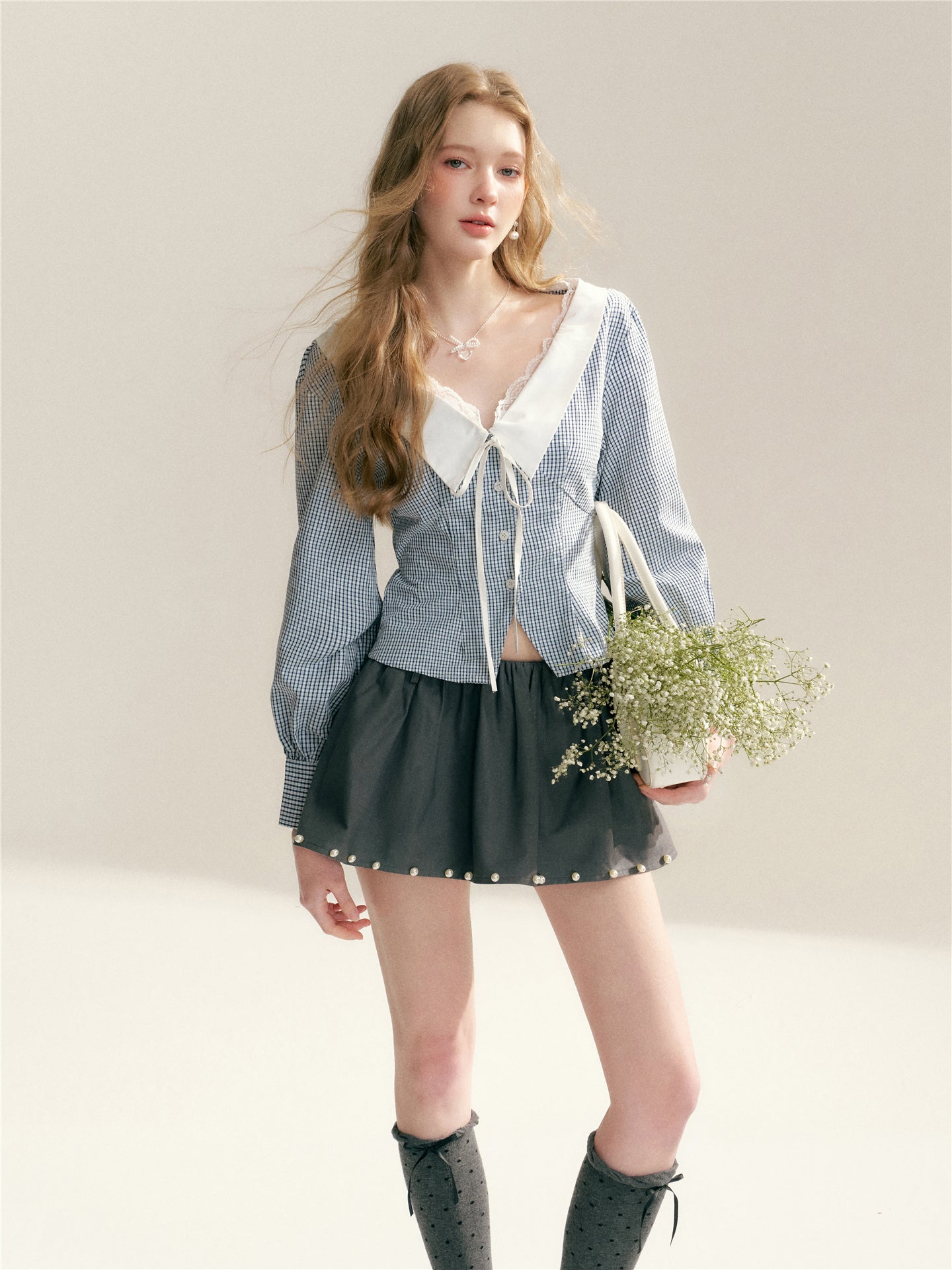 16DEWS 16D26020 Lace edged V-neck plaid patchwork waist cinching shirt