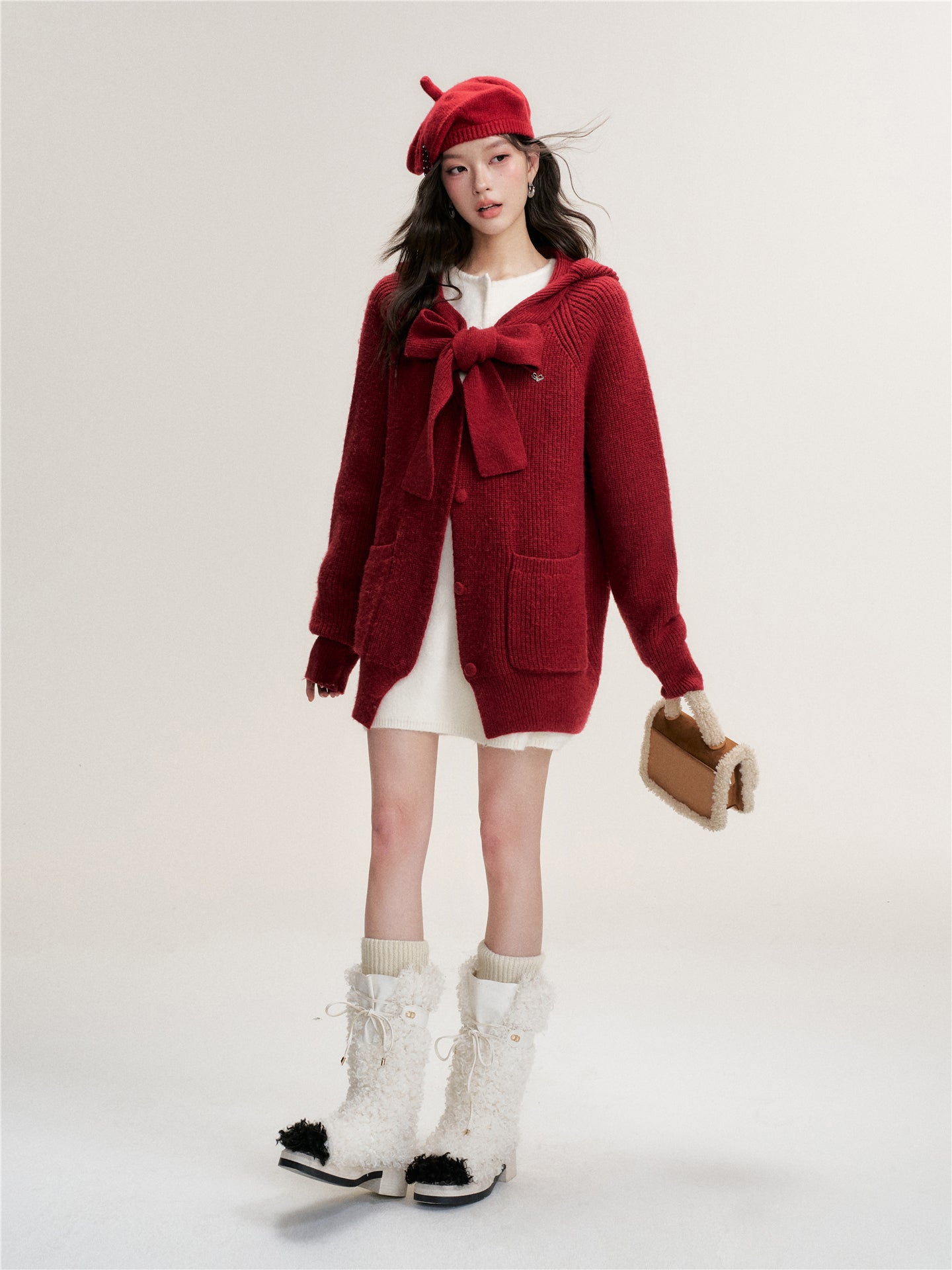 16DEWS 16D25473 Bow tie V-neck loose knit cardigan (with knit cap)