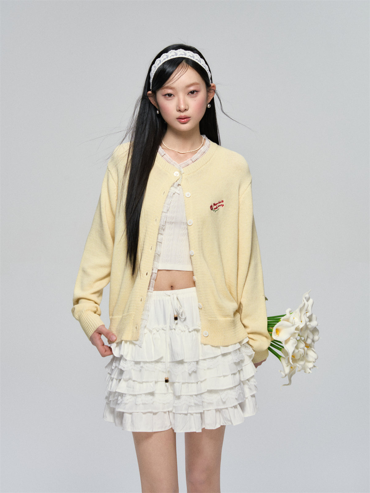 AsGony ASG25079 Rose embroidery lace knit cardigan