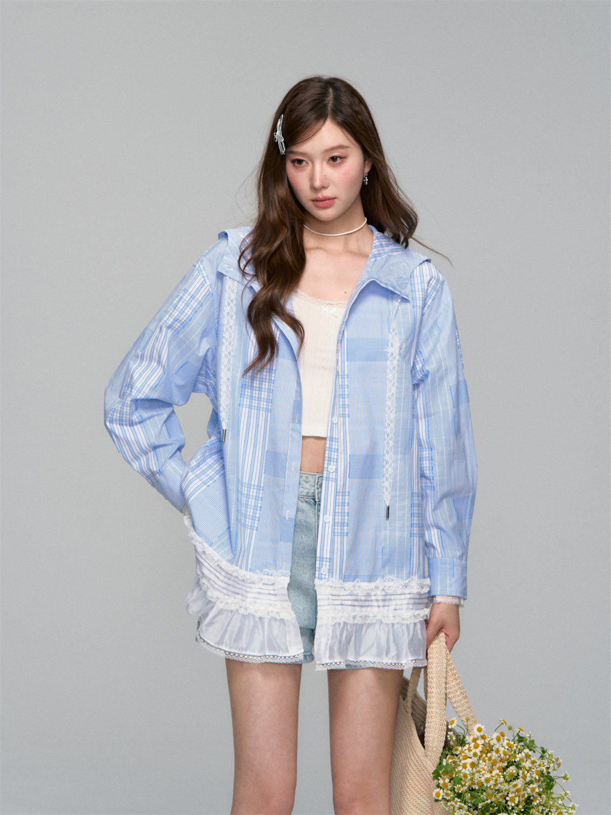 AsGony ASG25122 Plaid patchwork lace hooded shirt