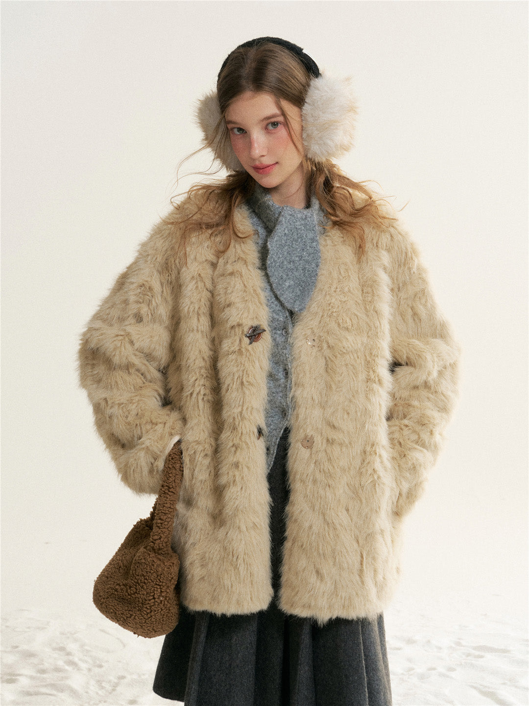 16DEWS 16D25522 Imitation fur one-piece single breasted V-neck jacket