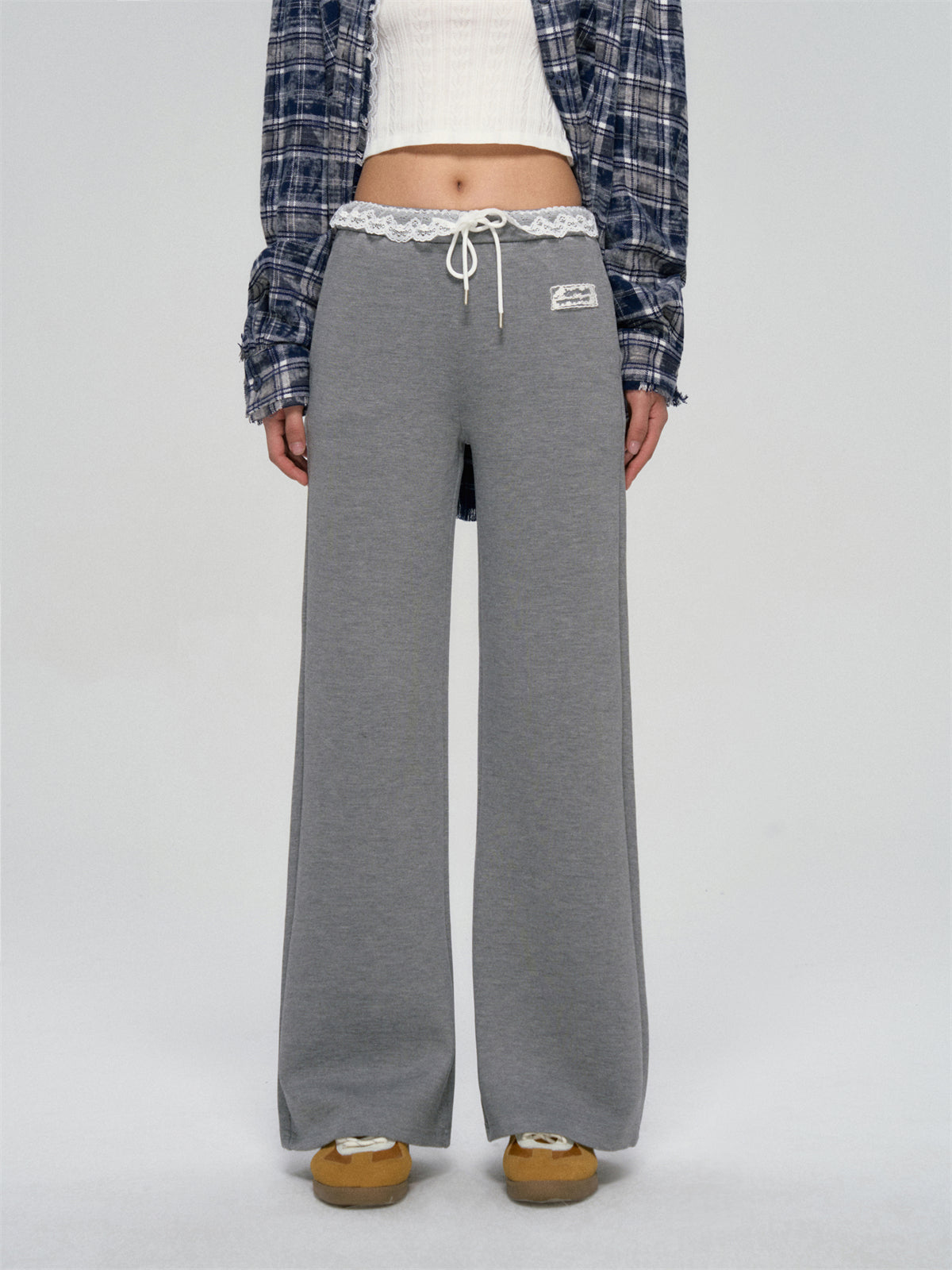 AsGony ASG25081 Lace waist patchwork lace sweatpants (2color)