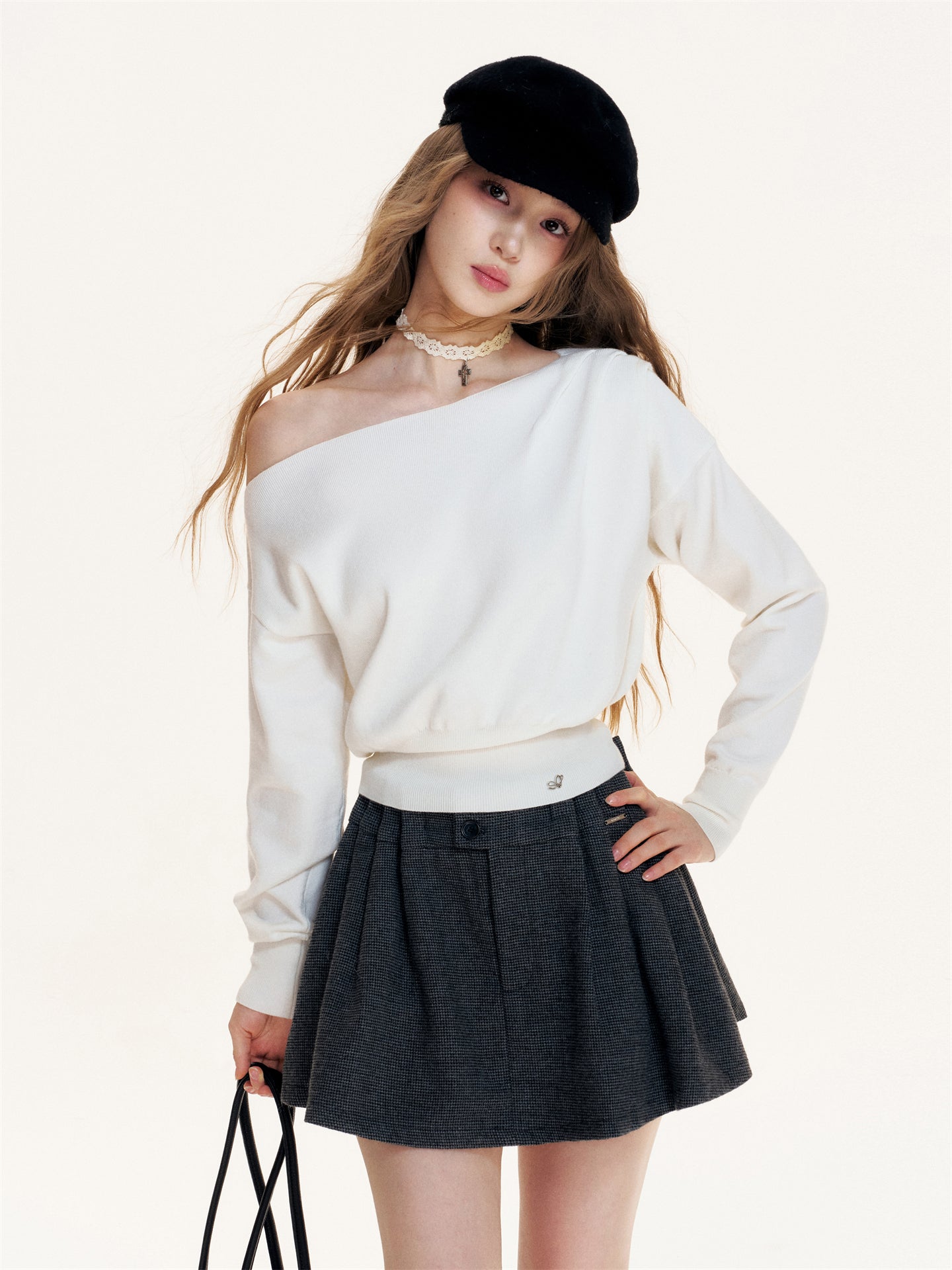 16DEWS 16D25417 Vintage plaid high waisted pleated A-line woolen skirt