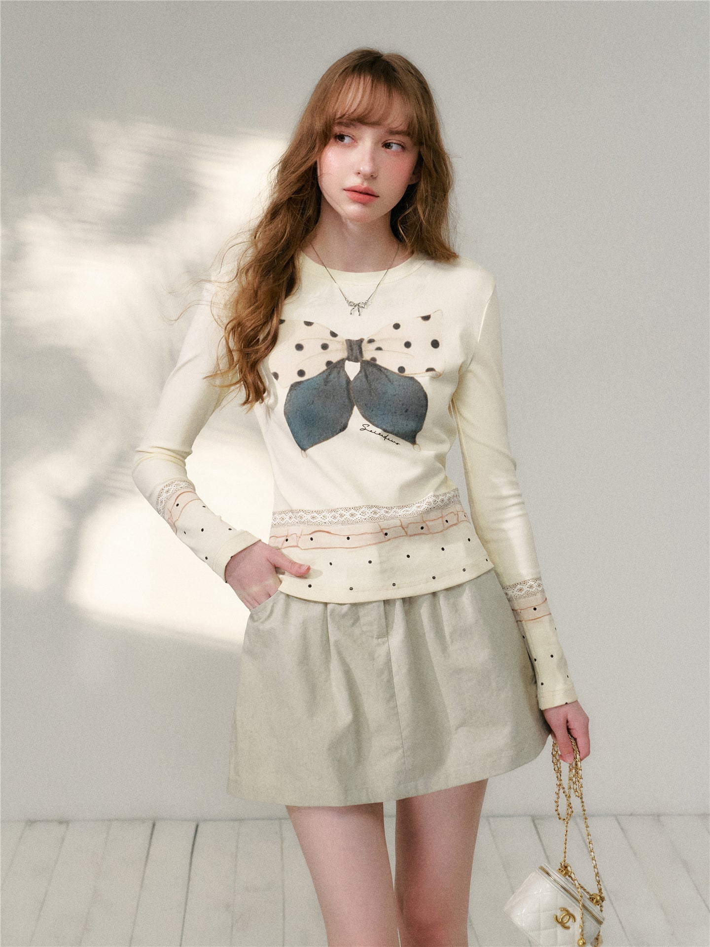 16DEWS 16D26077&16D26101 Polka dot bow print slim-fit T-shirt + skirt set