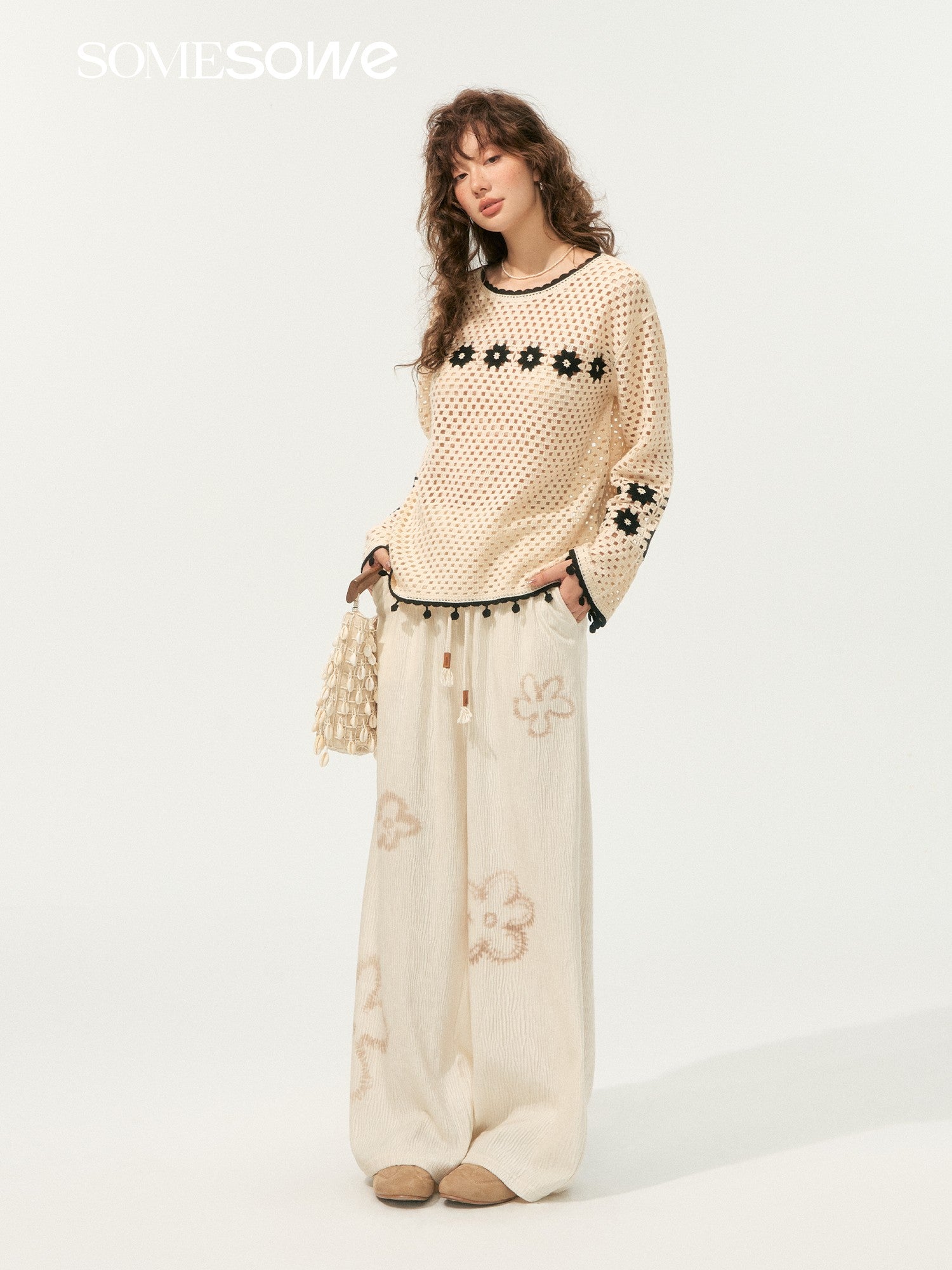 SOMESOWE S2508186&S2508194 Bohemian style hollowed out sweater + pants set