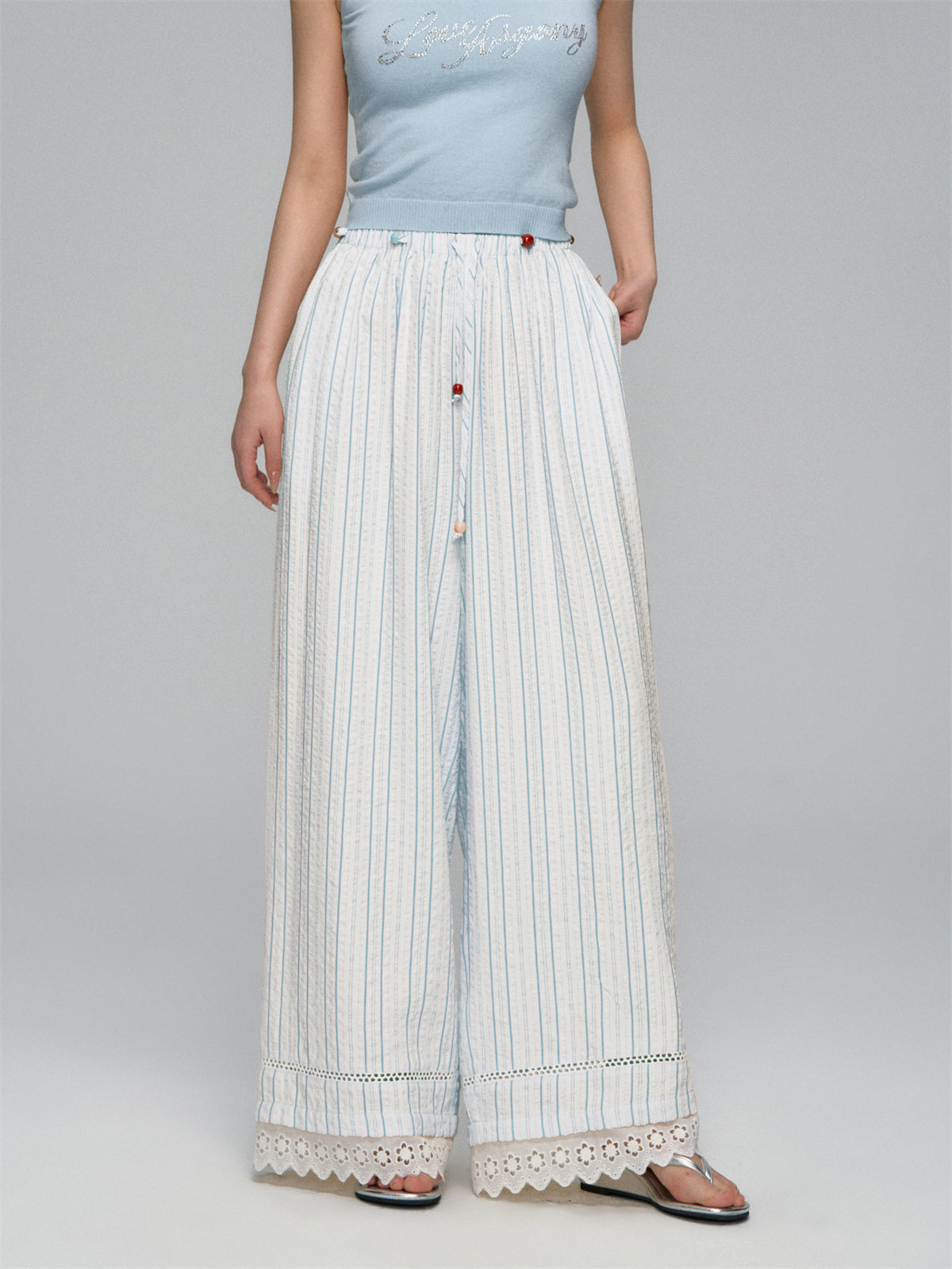 AsGony ASG25113 Striped lace straight leg casual pants (2color)