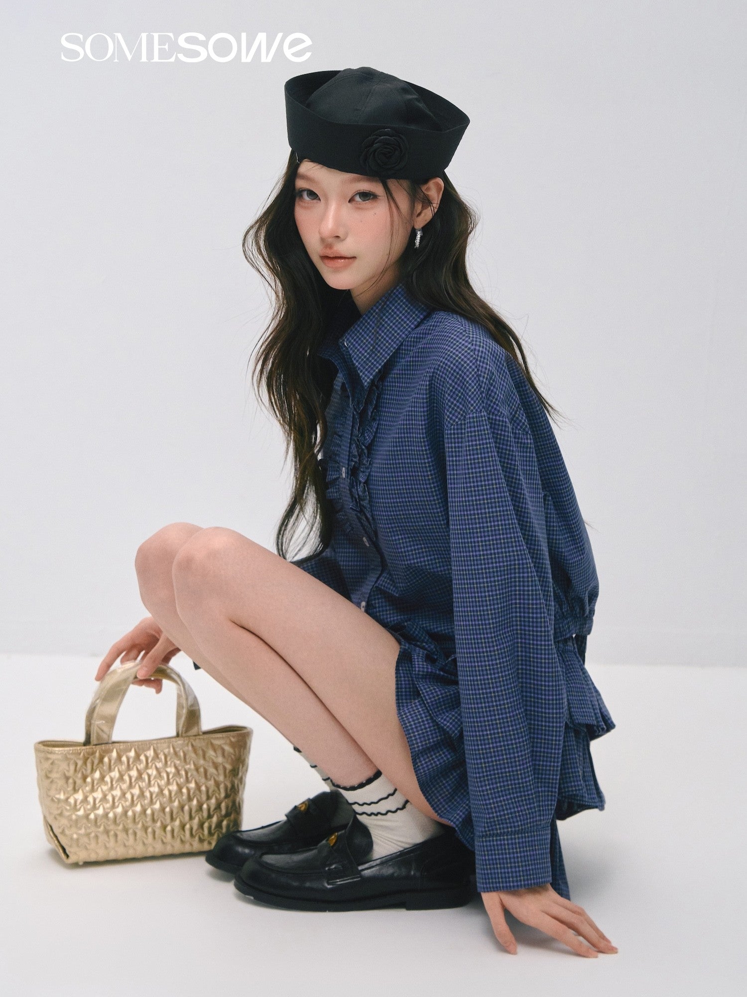 SOMESOWE S2509029&S2509030 Plaid ruffled silhouette short shirt + skirt