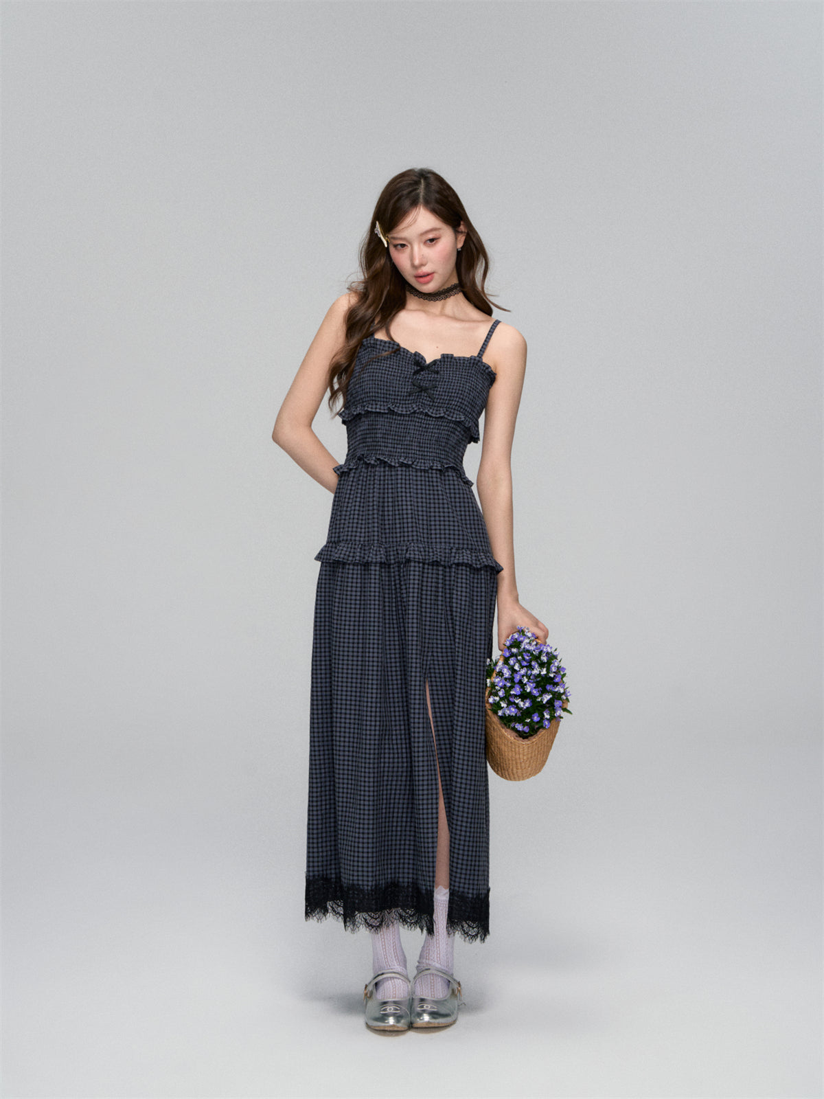 AsGony ASG25107 Plaid patchwork lace slit camisole dress
