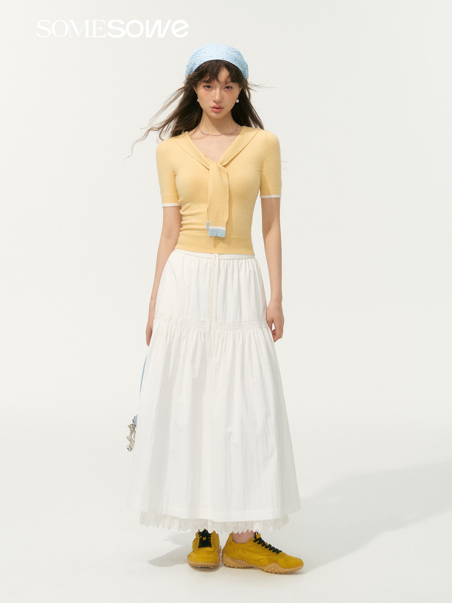 SOMESOWE S2508069 Navy collar tie knit top (2color)