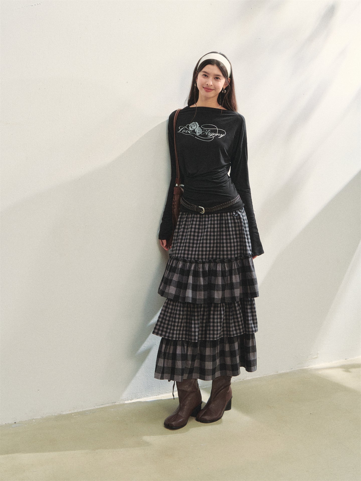 AsGony ASG25288 Plaid patchwork lace waist multi-layer long skirt