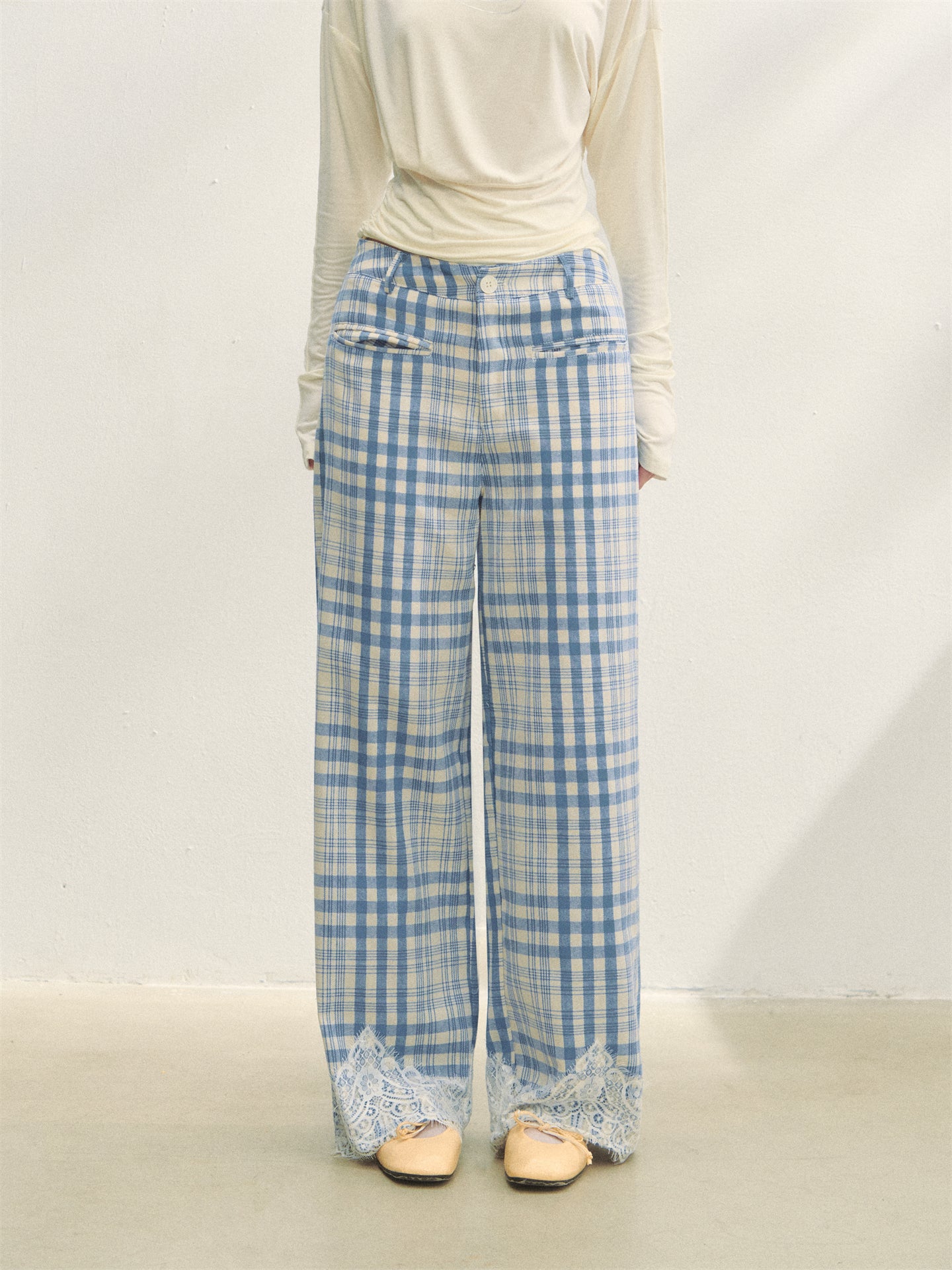AsGony ASG25283 Plaid patchwork lace casual pants (2color)
