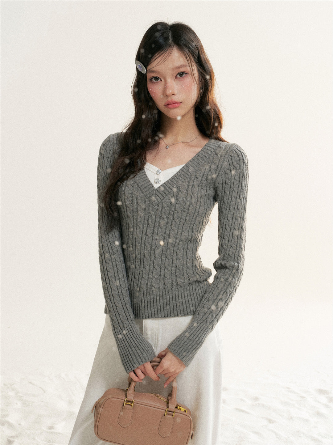 16DEWS 16D25514 Contrast V-neck fake two pieces knitting knitwear