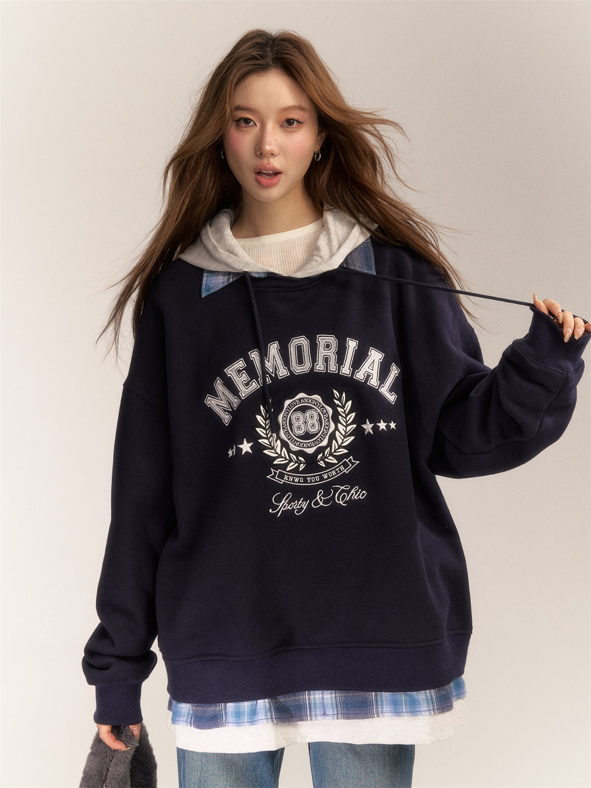 AsGony ASG24643 Vintage patchwork plaid hoodie